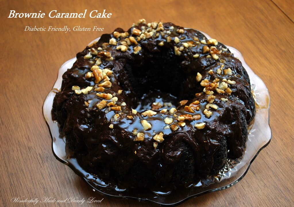 A gluten free, diabetic friendly Brownie Caramel Cake that fits into a Trim and Healthy Lifestyle. (Gluten Free, Diabetic Friendly)