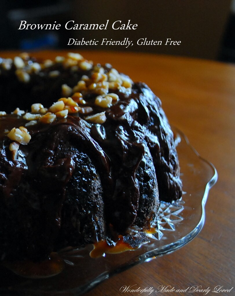 A gluten free, diabetic friendly Brownie Caramel Cake that fits into a Trim and Healthy Lifestyle.