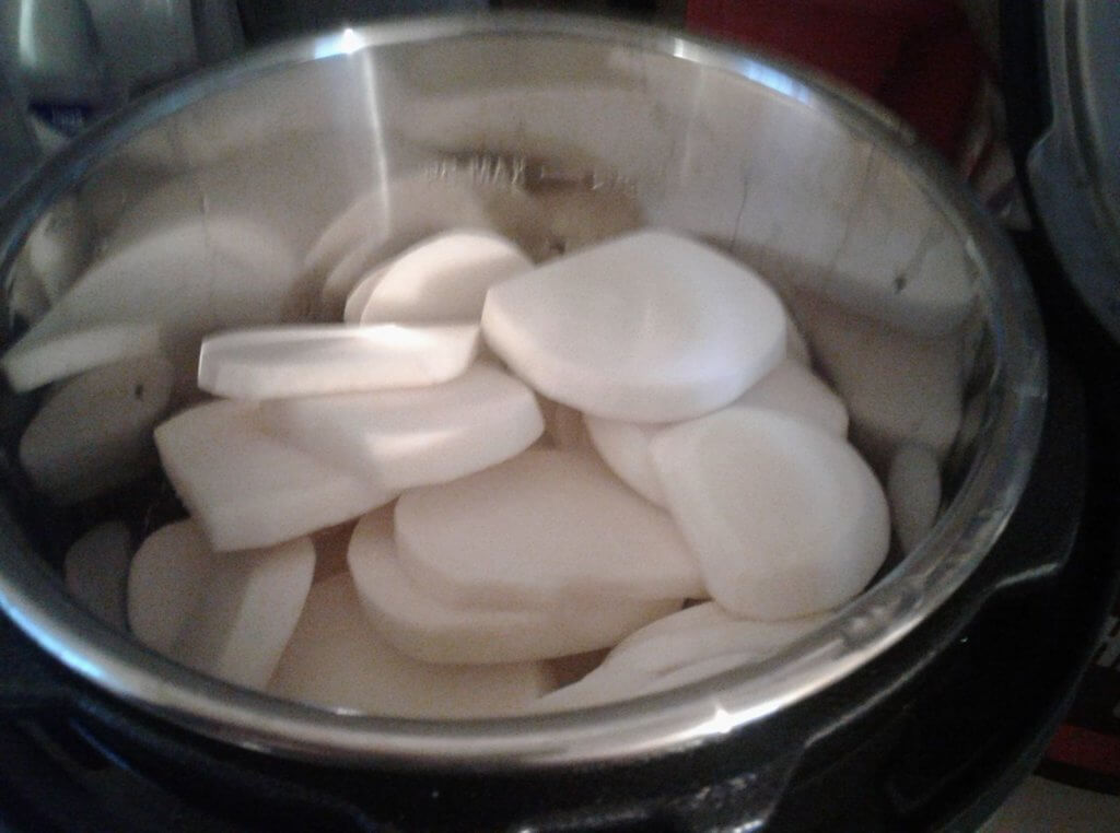 two pounds of sliced turnips in the Instant Pot Mini Duo