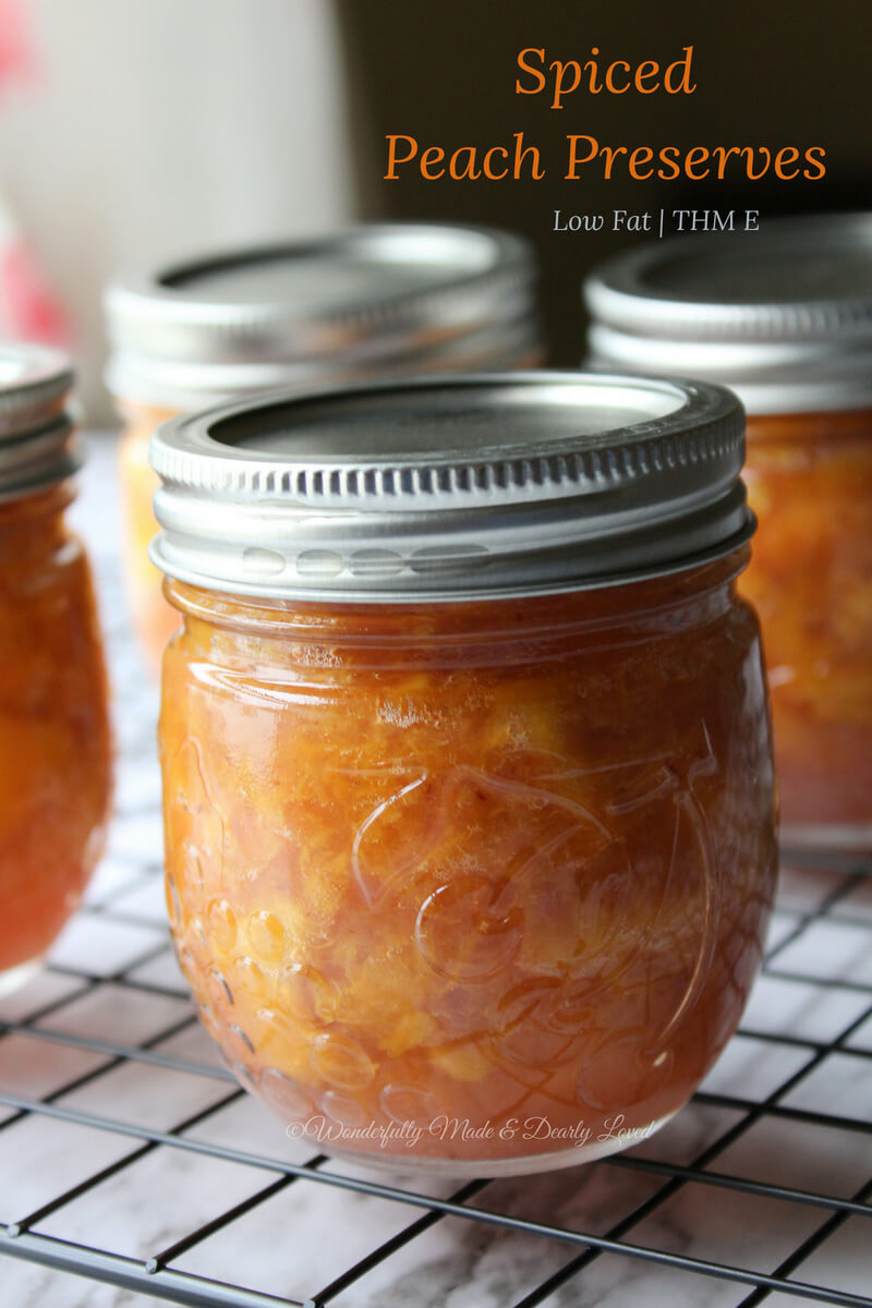 Spiced Peach Preserves that are sugar free and made to fit within a Trim Healthy Mama Lifestyle. These preserves are great on sprouted toast or swirled into your yogurt for a wonderful energizing snack or meal. #THM #THME #THMPeaches #THMCanning