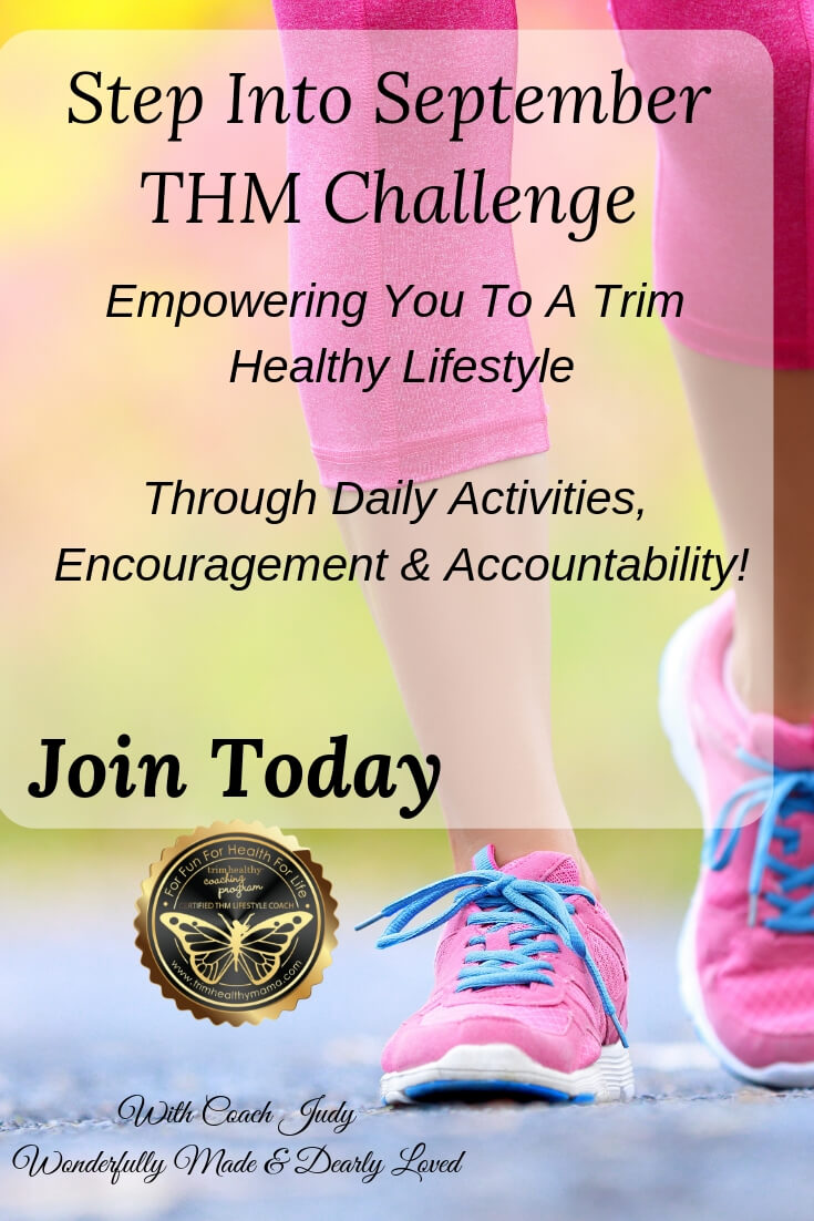 Come Join the Step Into September THM Challenge where you can build and reinforce your Trim Healthy habits and be on the path to YOUR Healthy Trim. With THM Lifestyle Coach Judy from Wonderfully Made & Dearly Loved.
