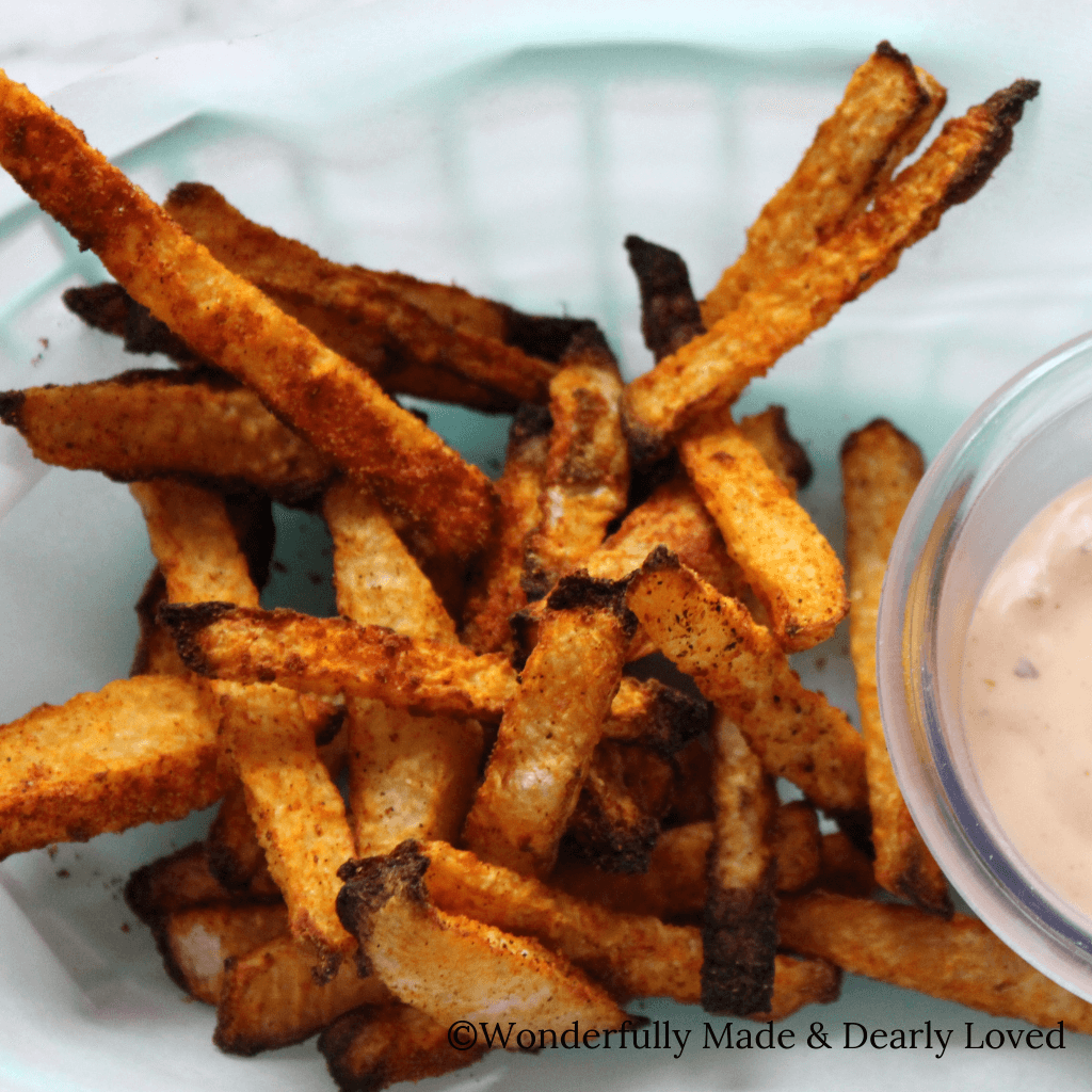 Seasoned Jicama Fries Air Fryer or Oven Baked {THM S, Low Carb}